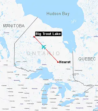 Map showing the route from Armstrong to Big Trout Lake